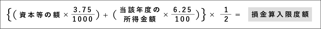 {(資本等の額 ×3.75/1000)+(当該年度の所得金額×6.25/100)}×1/2=損金算入限度額