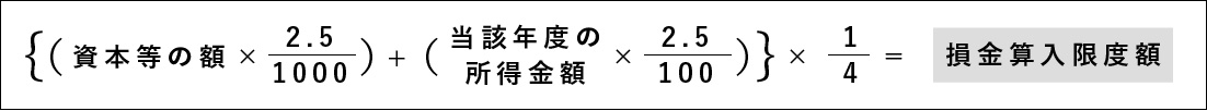 {(資本等の額 ×2.5/1000)+(当該年度の所得金額×2.5/100)}×1/4=損金算入限度額